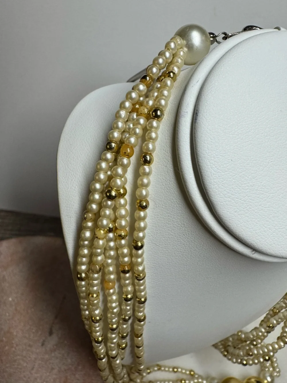 Vintage Multi Strand Faux Pearl Necklace Gold Tone Heart Pendant